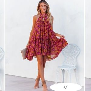 VICI - PLUM FLORAL BACKLESS HALTER MINI DRESS